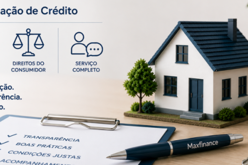 Banner sobre intermediação de crédito com destaque para transparência, proteção do consumidor e comparação de propostas, junto a uma maquete de casa e documentos financeiros da Maxfinance.